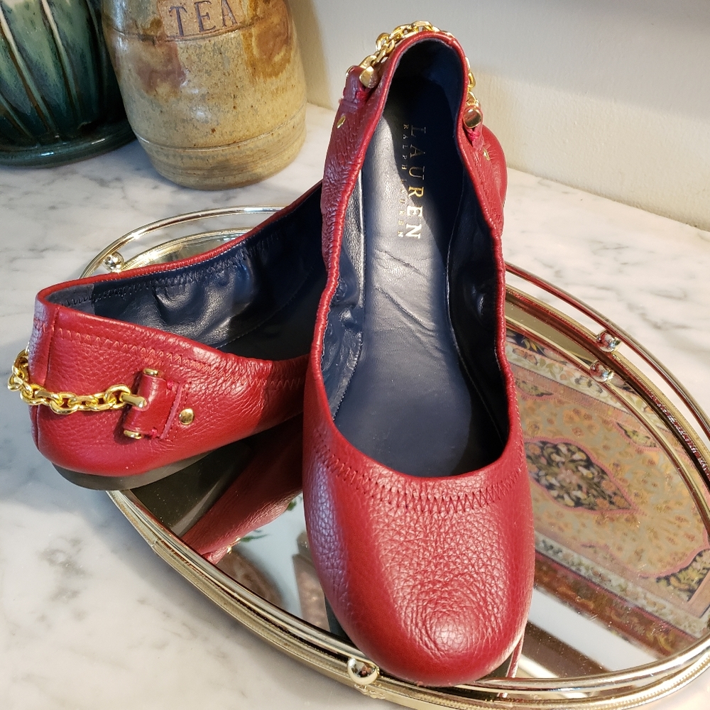 COPY - Lauren Ralph Lauren BARB Ballet Flats Slip On Soft Red Leather 9B Gold C…
